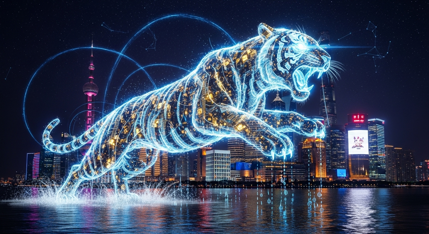 AI生成的图片：一头由数据流构成的发光猛虎跃出江面，背景是未来上海