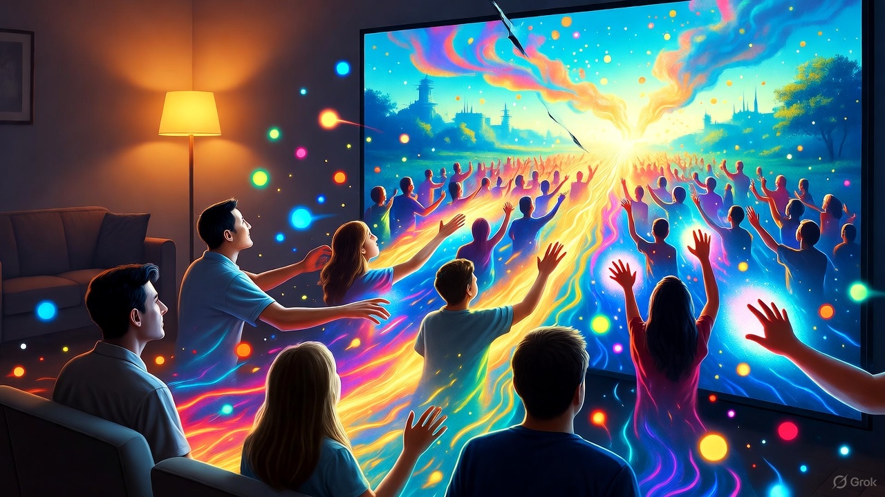 插图3: 观众从沙发上站起来融入屏幕中的人群,象征媒介革命与角色翻转