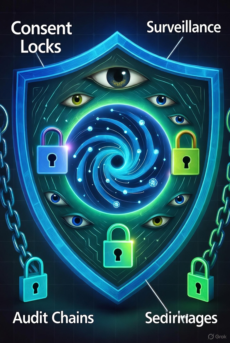 插图5: 治理盾牌概念图,层层防护墙包围互动宇宙,包含同意锁与审计链元素