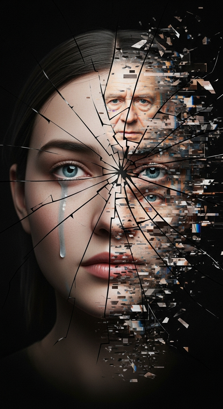 Conceptual art illustrating fractured identity and archetype flickering