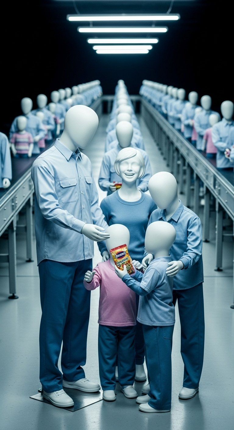 Mannequin families on a conveyor belt, a critique of consumerism