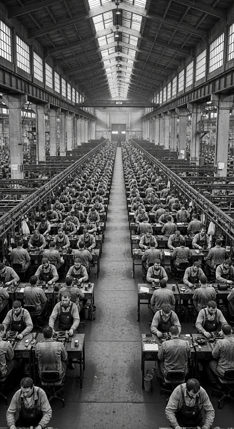 Dehumanized workers with flickering faces in a dystopian factory